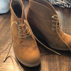 Camel lace up wedge booties